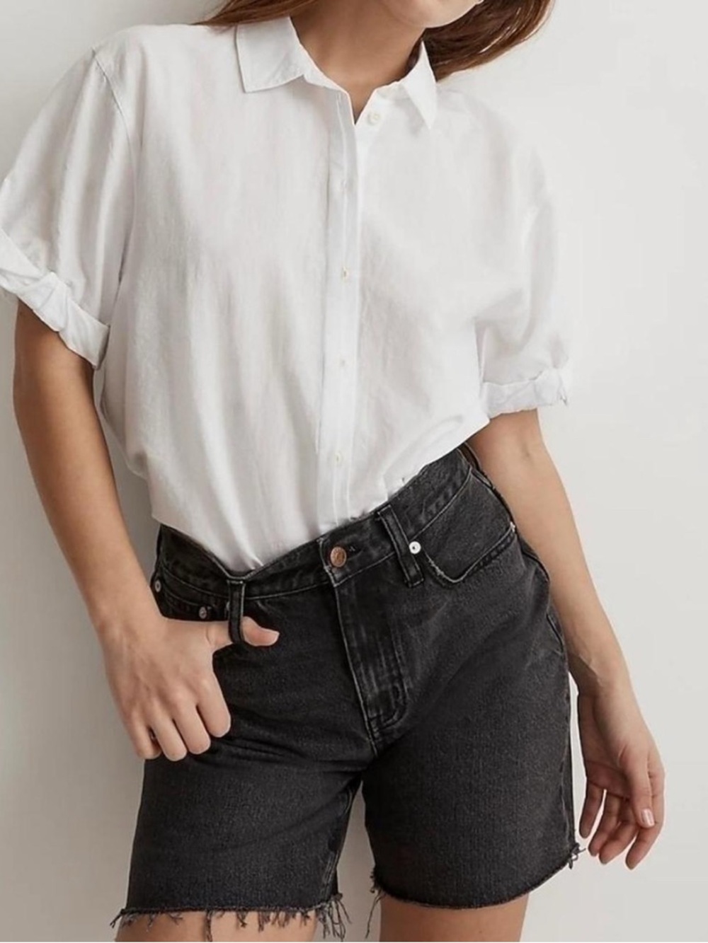 Madewell Linen-Blend Cropped White Button Down Shirt - Size L
